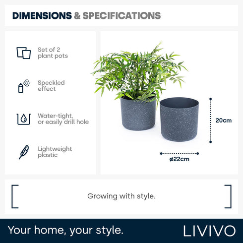 22cm Round Sandstone Plastic Plant Pot Grey - Set of 2